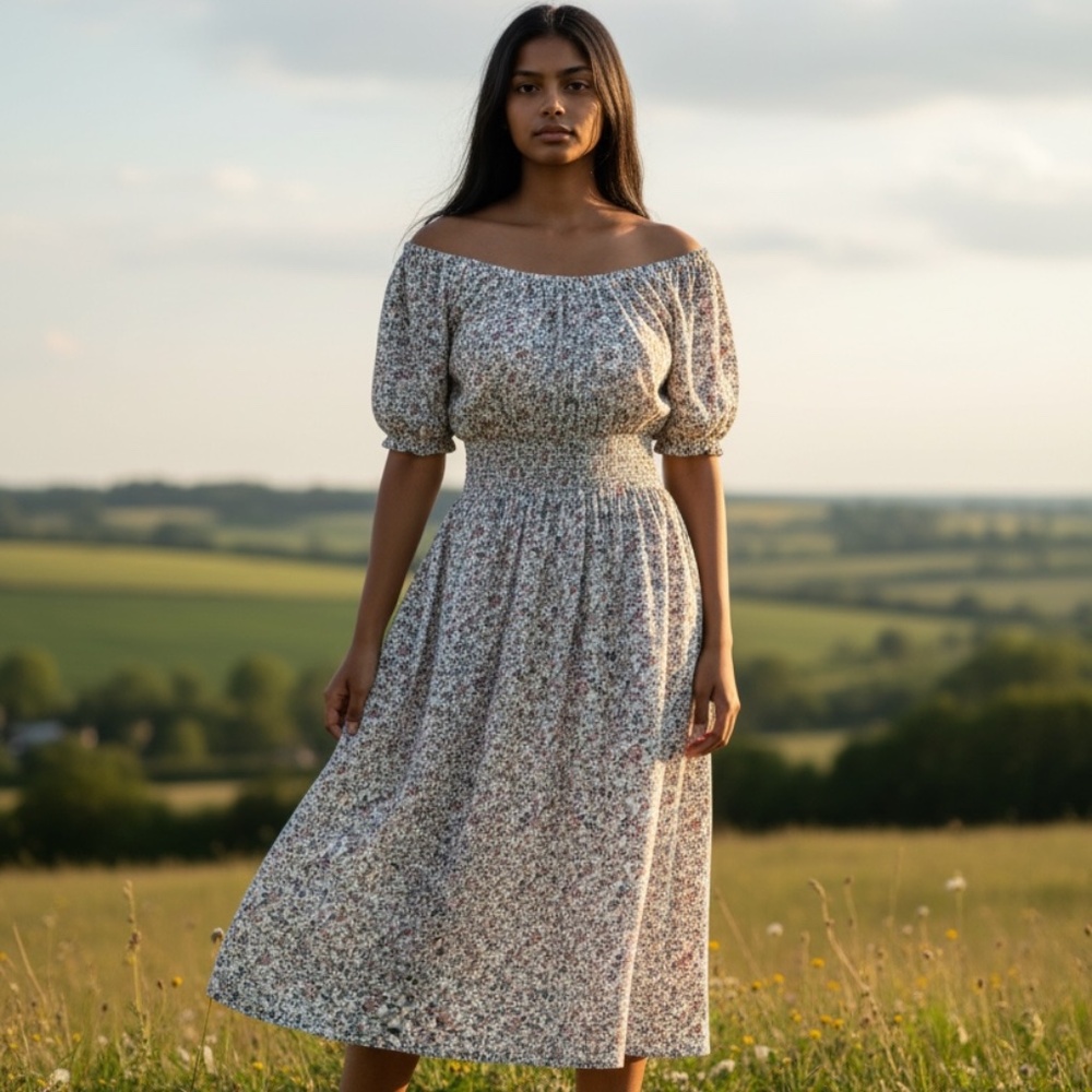 NWT Smock-Waist Peasant Midi Dress in Blossoming Vines